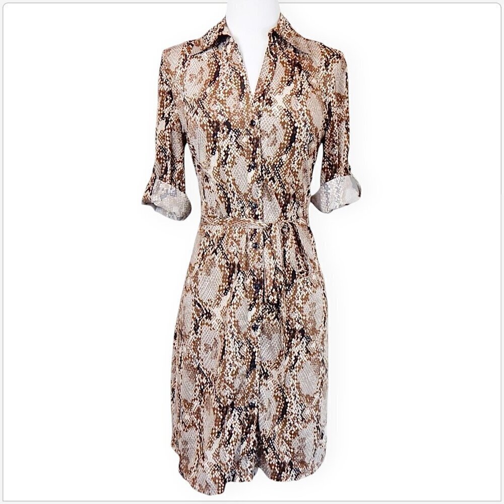 INC Snake Animal Reptile Print Slinky Jersey Button Front Belted Shirt Dress PS